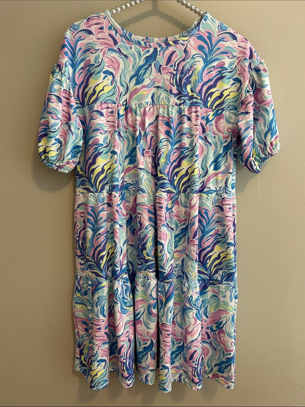 NEW Simply Southern Dress YL Youth Large Pink Blue Swirl Tiered UPF 50+ Sun Bloc
